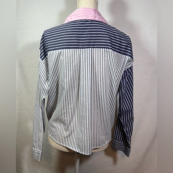 No Frills Button Down Shirt Tie Front Size M Color Block Striped - Picture 4 of 6